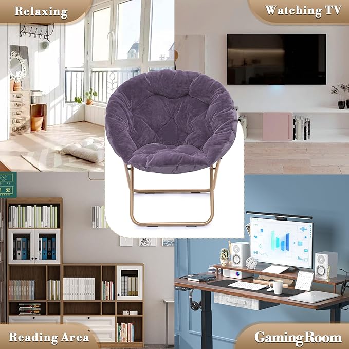 Athena Collection Comfy Saucer Chair Folding Cozy Chair for Bed Room Living Room Accent Chair Faux Fur Reading Chair Foldable Metal Frame Lazy Chair Moon Chair for Adult, Purple
