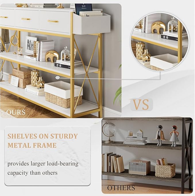 HITHOS Industrial Console Table with Drawers, Vintage Hallway Foyer Table with Storage Shelves, Narrow Long Sofa Entryway Table for Living Room, White/Gold
