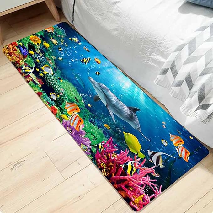 Bath Rugs Sponge Foam Absorbent Soft for Bathroom and Kitchen (47x18 inches),Flannel Mat Non Slip Bright 3D Print for Bedside and Living Room(Dolphin Coral Fish School)
