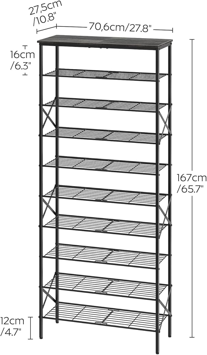 10 Tier Shoe Rack, Large Capacity Shoe Storage Organizer Holds 40 Pairs, Sturdy and Stable, for Entryway, Hallway, Closet, Dorm Room, Charcoal SS10BCG1