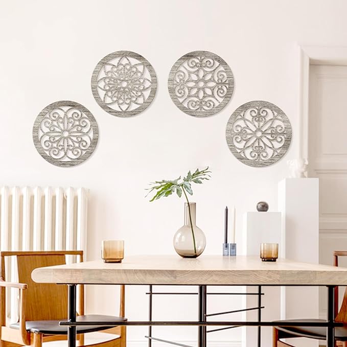 Zzbakress 4 Pieces Farmhouse Wall Decor Rustic Circle Wall Decor Wooden Hollow Carved Round Wall Art for Living Room Bedroom Kitchen Bathroom Home Wall Decoration (Elegant, Retro)