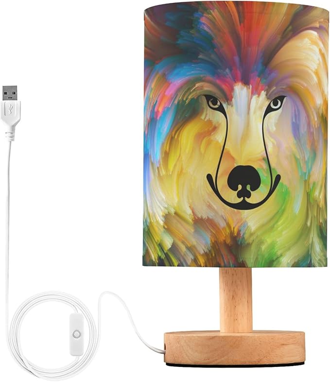 Table Lamp Colorful Dog Paint Portrait Nightstand Lamp with Wood Base Fabric Lamp Shade Bedside Desk Lamp for Living Room Bedroom Kids Room Office