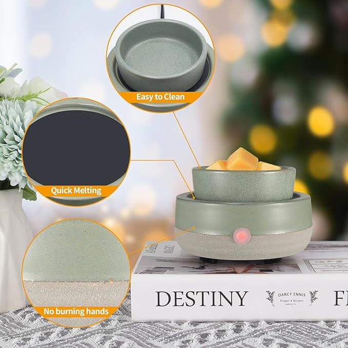 Wax Melt Warmer, Ceramic Electric Candle Wax Warmer 3-in-1 Oil Burner Fits Yankee Large Jar, Scented Candle Holder for Home Decor Thanksgiving Christmas Day Gifts (02-Light Green)