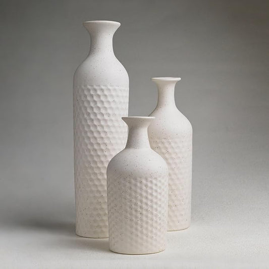 Small Ceramic Vases Set for Home Decor, Textured Matte Finish Honeycomb Texture, Modern Farmhouse Vases for Coffee Table, Bookshelf, Kitchen, Bathroom, Office Desk Decor (Beige)