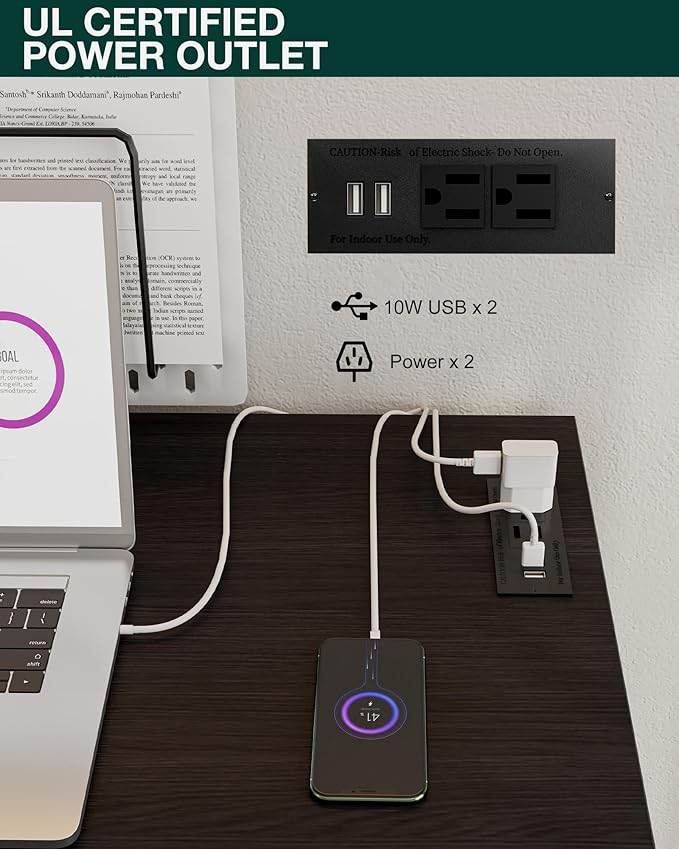 Frylr Small Folding Computer Desk – 43.3 Inch Portable Table for Craft and Study, Lightweight Desk for Small Spaces, Foldable Laptop Table Built-in AC/USB Outlets for Convenience, Dark Oak