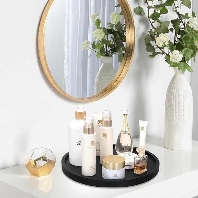 Black Wooden Lazy Susan Turntable Organizer Cabinet Round Bathroom Vanity Rotating Tray 10" Small Lazy Susans for Dining Table Top Kitchen Countertop Decor Tray Wood Lazy Susan Coffee Bar Accessories