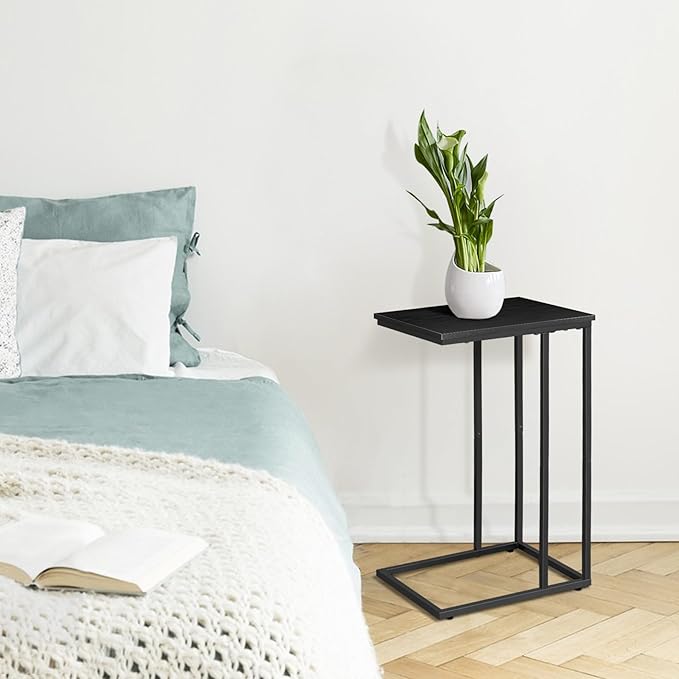 C Shaped Side Table Set of 2, Skinny Sofa Table for Sofa and Bed, Couch Tables That Slide Under, Small End Tables for Living Room, Bedroom or Small Spaces, Black