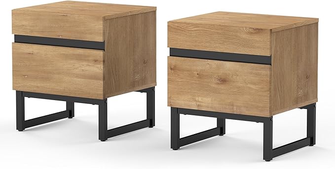 WAMPAT 2 Pack Modern End Table with 2 Drawers, Farmhouse Sofa Table with Black Square Iron Leg, Wood Rustic Side End Table for Living Room, Nighstand for Bedroom, Oak