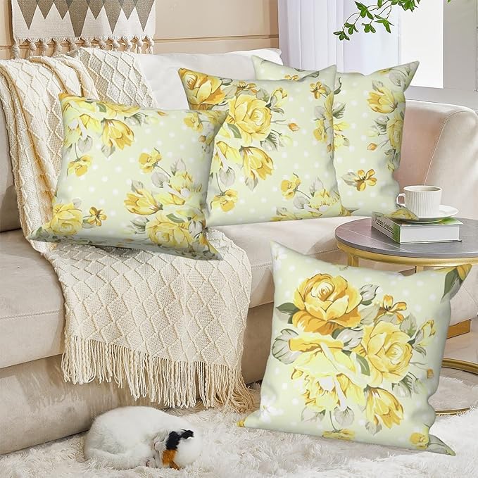 Light Yellow Flower Throw Pillow Covers 22"x22" Set of 4, Vintage Floral Sofa Cushion Cover for Chair Couch Bed Living Room Office Car Garden Patio Farmhouse Indoor Outdoor Decorative