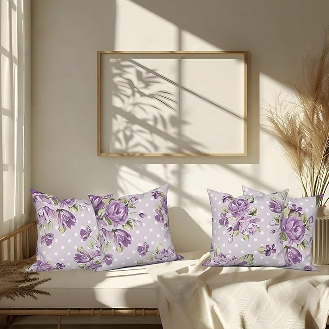 Purple Flower Throw Pillow Covers 16"x16" Set of 4, Vintage Floral Sofa Pillowcases for Chair Couch Bed Living Room Office Car Garden Patio Farmhouse Indoor Outdoor Decorative
