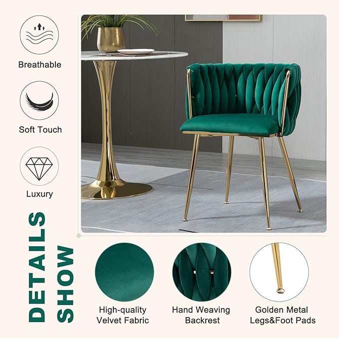 NIOIIKIT Modern Velvet Dining Chairs Hand Weaving Accent Chairs Living Room Chairs Upholstered Side Chair with Golden Metal Legs for Dining Room Kitchen Vanity Living Room (Emerald)