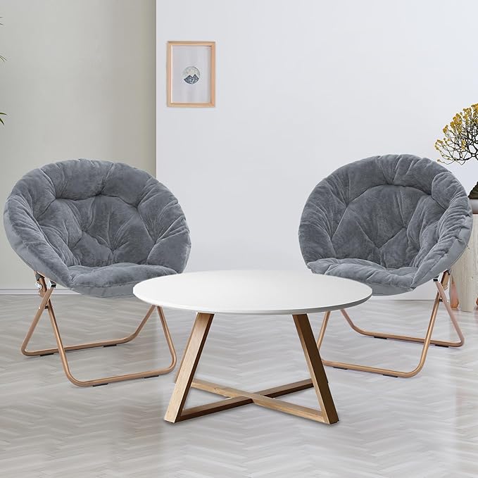 Athena Collection Comfy Saucer Chair Folding Cozy Chair for Bed Room Living Room Accent Chair Faux Fur Reading Chair Foldable Metal Frame Lazy Chair Moon Chair for Adult Set of 2, Grey