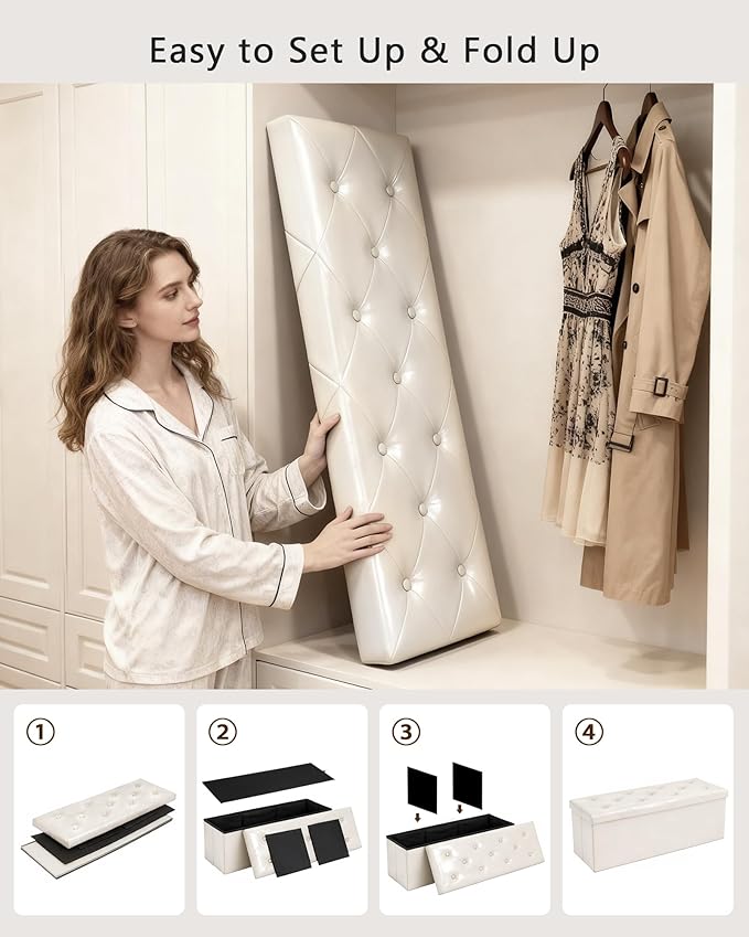 GLAXYFUR Storage Ottoman Bench, 43 Inches Folding Ottoman with 2 Dividers, PU Leather Foot Rest, End of Bed Bench, Storage Chest for Living Room, Bedroom and Entryway (White)