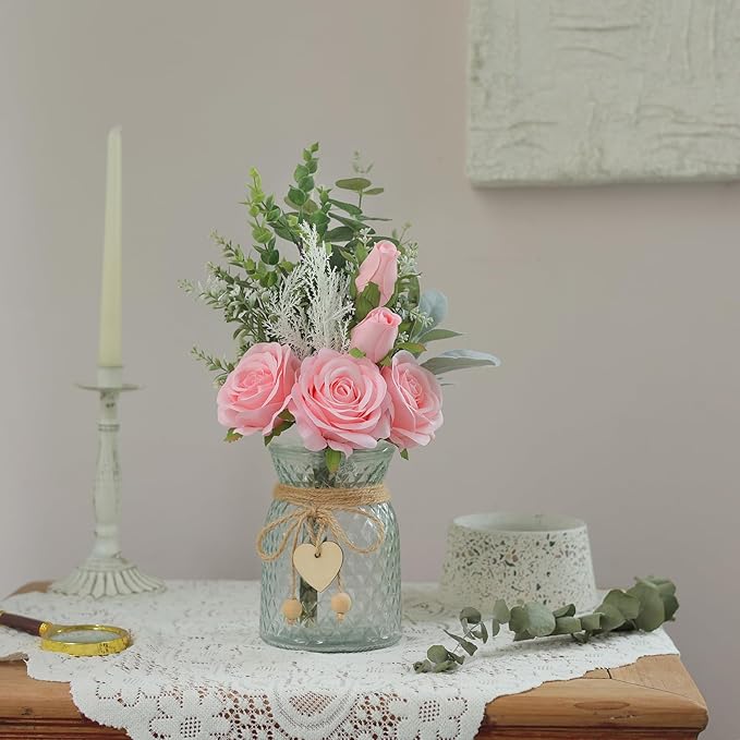 Faux Flowers with Vase,Artificial Silk Roses in Vase, Fake Plant Eucalyptus Flower Arrangement for Home Office Farmhouse Bathroom Dining Table Centerpiece Decorations Coffee Table Decor (Pink)