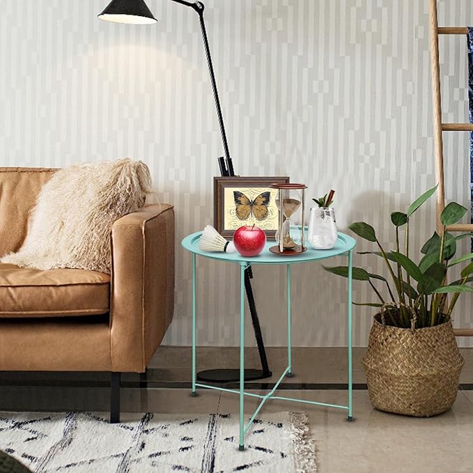 VILAWLENCE Metal End Table Side Table Round Folding Tray Small Accent Fold-able Side Table Tray,Outdoor Side Next to Sofa Table, Snack Table for Living Room and Bed Room 18.5 in (Green)