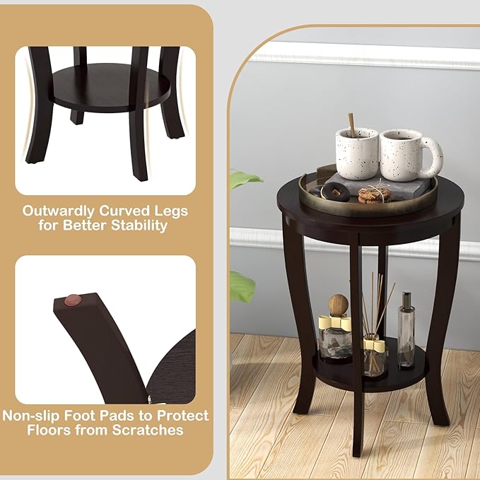 Giantex Round End Table, 2 Tier Side Table with Storage Shelf, Retro Nightstand with Solid Wood Legs, 18" x 18" Accent Table for Corner Small Spaces, Night Stand for Living Room Bedroom, Espresso