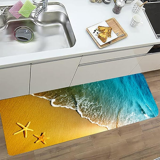 Bath Rugs Sponge Foam Absorbent Soft for Bathroom and Kitchen (47x18 inches), Flannel Mat Non Slip Bright 3D Print for Bedside and Living Room(Starfish Beach)