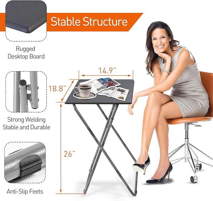 Garden 4 you Folding TV Tray Table/TV Dinner Trays Tables for Eating,Stable Tv Trays Table 25In, Folding Tray Side Table, Foldable Snack Tables for Bed & Sofa, 15 x 18.9 x 26 in (Grey,1PC)