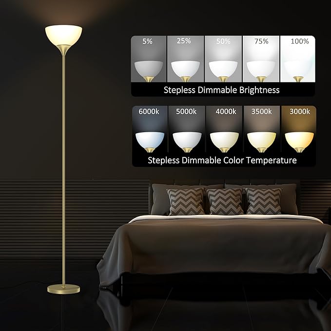PESRAE Floor Lamp, Remote Control with Stpeless Color Temperatures and Brightness, Torchiere lamp for Bedroom, Living Room, Bulb Included