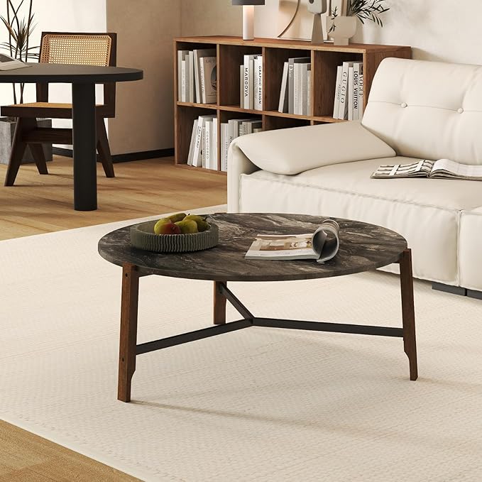 Modern Round Coffee Table, 36’’ Wide Wooden Side Table Mid-Century End Table with Wood Legs Metal Support for Living Room Bedroom, Black