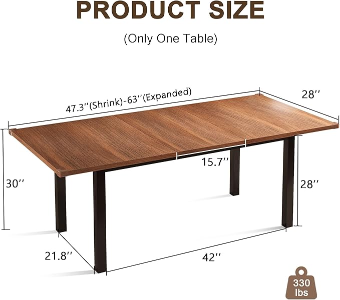 Extendable Dining Table for 4-6, 63" Modern Kitchen Table, Farmhouse Dining Room Tables for Dining, Kitchen, Office, Living Room, Rectangular Wooden Tables, Space Saving (Walnut)