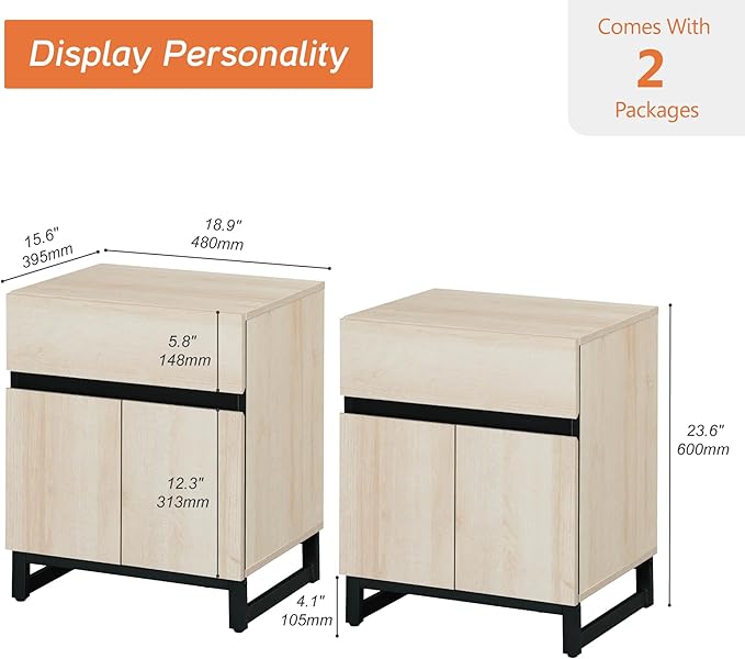 WAMPAT 2 Pack Modern End Table with 1 Drawer & 1 Storage Cabinet, Farmhouse Sofa Table with 2 Open Door, Wood Rustic Side End Table for Living Room, Nighstand for Bedroom, Light Oak