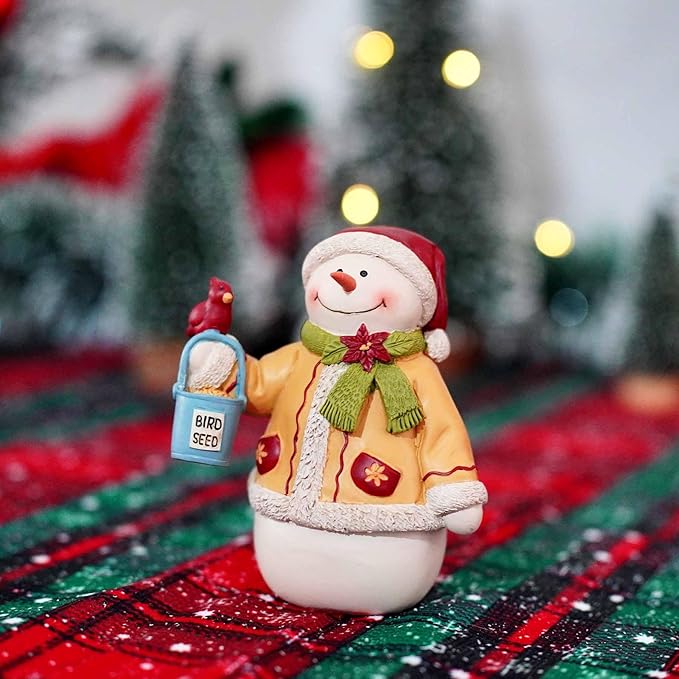 Snowman Figurine Christmas Decorations Indoor – Resin Snowman with Bird & Seed Bucket, Winter Tabletop Christmas Home Decor, Cute Seasonal Ornament for Holiday Display