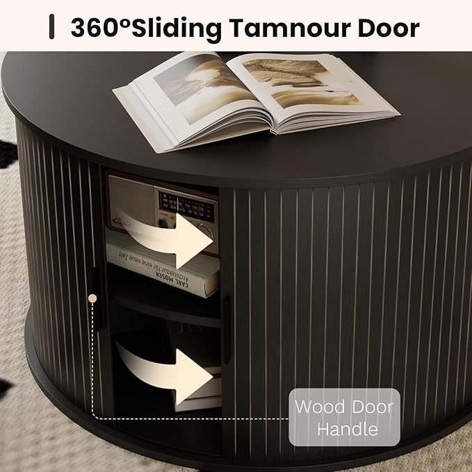 SoarFlash 31.5 Inch Fluted Coffee Table with Storage, Mid Century Modern Round Coffee Table with Shelf, Center Table with Sliding Door and Wood Fluted Handle for Living Room, Black