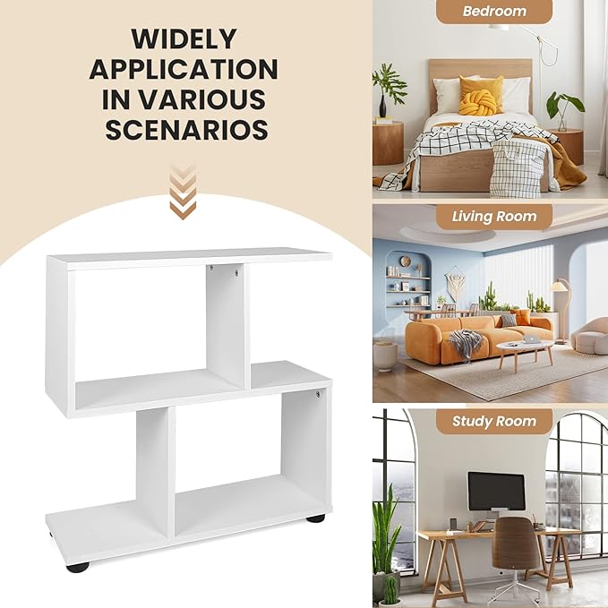 Giantex 3-Tier Geometric Bookshelf, 24’’ Tall Wood S-Shaped Display Shelves with Thick Foot Pads, Freestanding Open Shelves Nightstand, Floor Standing Display Shelf Bookcase