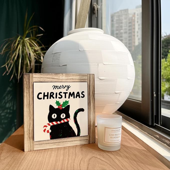 Merry Christmas Wood Sign, Funny Cat Decor, Decorative Sign Table Decor, Farmhouse Home Decors, Shelves Decoration, Desk Decors Art, Merry Christmas Gift for Cat Lover