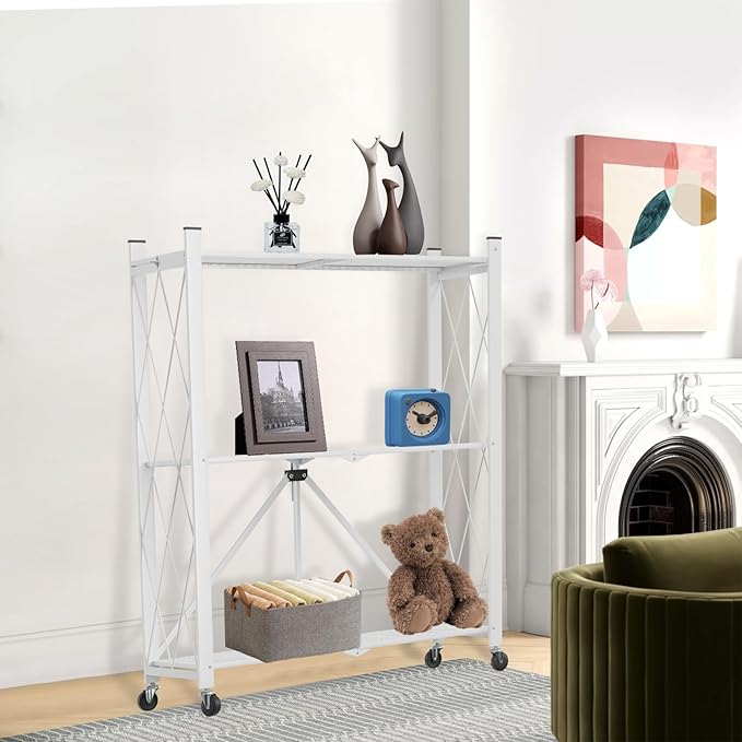 3 Tier Foldable Storage Shelf with Wheels, Heavy Duty Garage Shelving Unit Loads 550 LBS, Metal Steel Collapsible Shelves, Rolling Standing Utility Rack for Kitchen, Pantry, Office, White