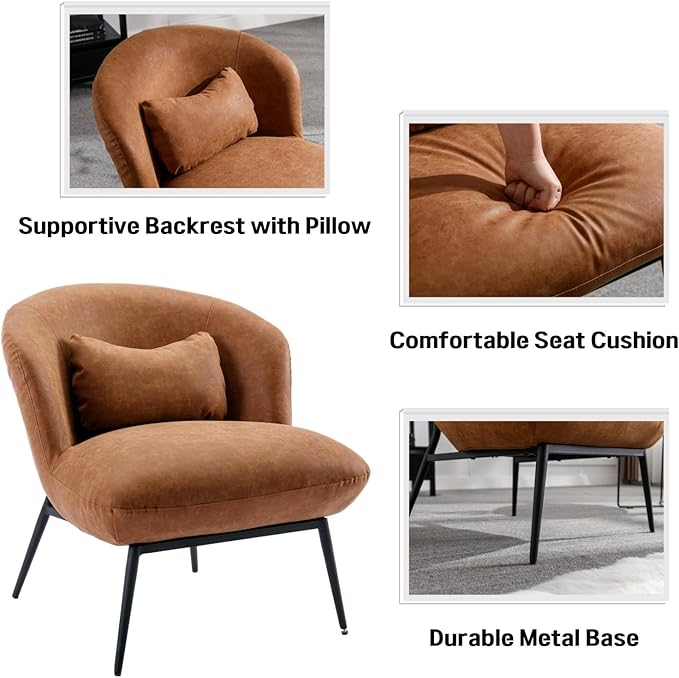 DUOMAY Modern Accent Chairs Set of 2, PU Upholstered Leisure Chair Single Sofa Chair Lounge Chair with Lumbar Pillow Metal Legs Slipper Chair for Living Room Bedroom Office, Brown