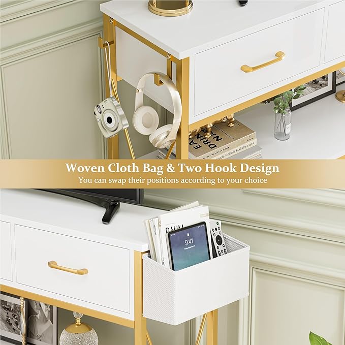 HITHOS 47.2" Console Table with 3 Drawers, Narrow Long Entryway Table with 3-Tier Storage Shelves, Industrial Sofa Foyer Table for Living Room, Hallway, Entry Way, Foyer, Kitchen, White/Gold