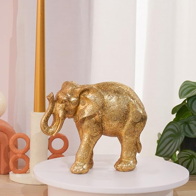 Guichifun Elephant Statues Home Décor Collectible Figurines - Gold Resin Boho Elephant Decoration Handmade Brings Good Luck Health for Living Room Shelf Office Gifts for Women 7.25 x 3.25 x 5.75 Inch