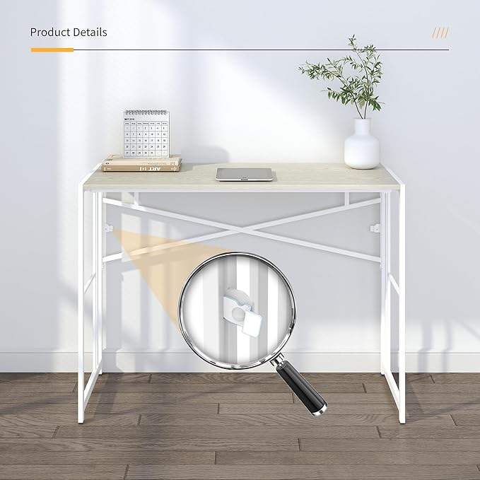 40 inch Folding Desk, Writing Gaming Computer Camping Desk, No Assembly Required Home Office Table, Natural and White