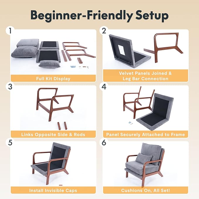 FLEXISPOT AC1 Mid Century Modern Accent Chair with Wood Frame, Corduroy Upholstered Armchair with Thickened Backrest & Lumbar Pillow, Comfy Reading Chair for Living Room, Bedroom, Balcony (Grey)