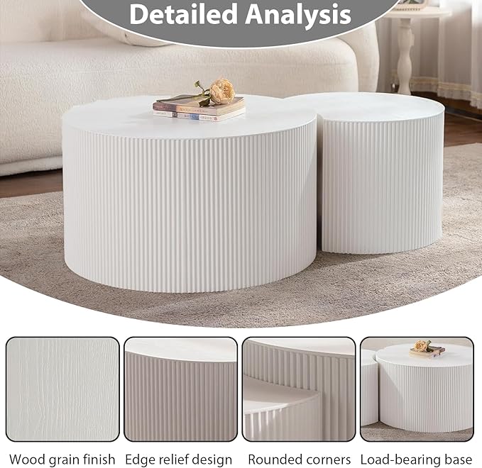 Round Nesting Coffee Table Set of 2 Handcraft Circle Fluted Nesting Coffee Tables Circular Side Table Drum Accent End Tables for Living Room Bedroom (White B Small)