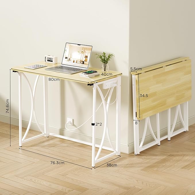 Mini Desk, 31.5" Small Desk for Bedroom with Power Outlet, Foldable Desks for Small Spaces & Home Office, Easy Assembly, Beige Floor Patten