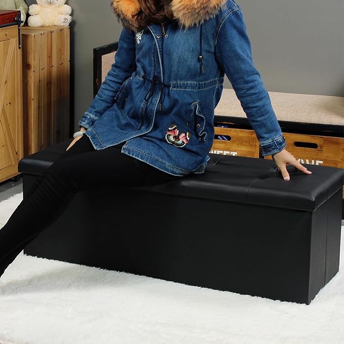 PINPLUS Folding Storage Ottoman Bench, Black Faux Leather Long Chest with Tray, Footrest Seat, Blanket Storage for Living Room Bedroom Office Hallway, 43.3"x15"x15"