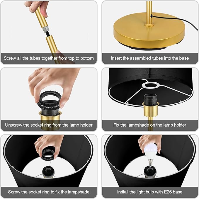 Floor Lamp, Black Standing Lamp, 58" Tall Lamps for Living Room, Simple Pole Lamp with Black Lampshade, On/Off Foot Pedal, Bright Dimming Light for Kids Room Bedroom Office Decor - Gold(No Bulb)