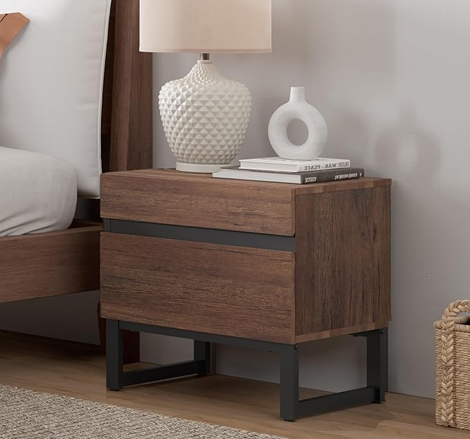 WAMPAT 2 Piece Modern End Table with 2 Drawers, Farmhouse Sofa Table, Wooden Rustic Side Sofa Table with Metal Leg for Living Room, Nighstand for Bedroom, Brown