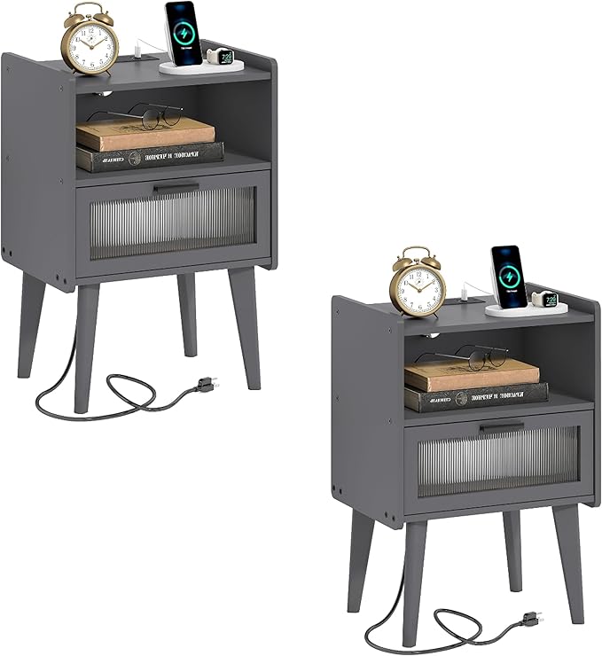 Nightstand with Charging Station, Bedside Tables Set of 2, End Table Side Table with 2 Tiers Storage Space, for Bedroom, Living Room, Grey MLBZ07ZEV-2