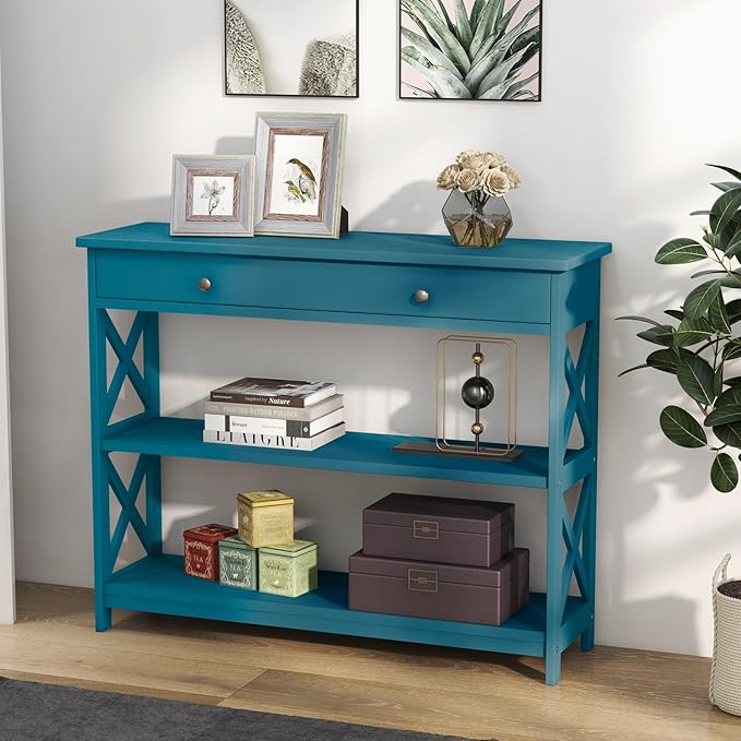 GOFLAME 39" Console Sofa Table with Drawers, 3-Tier Narrow Entry Table with Storage Shelves for Living Room Behind Couch, Entryway (Navy Blue)