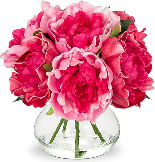 Hollyone Peonies Artificial Flowers with Vase Hot Pink Faux Flowers Peony Fake Flowers Silk Flower Arrangements in Glass Vase with Faux Water for Home Decor Bathroom Table Centerpiece Decorations