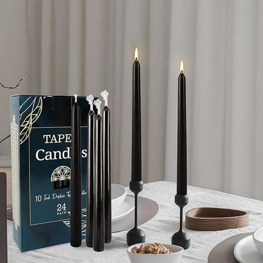 24 Pack Tall Taper candles-10 Inch Black Dripless, Unscented Dinner Candle Sticks, for Shabby, Halloween, Christmas, Wedding, 8 Hours Burn Time.