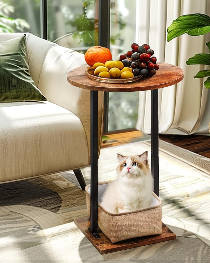 Eufrozy Small Side Table for Small Spaces, 24 inch Wooden Round End Table with Fabric Basket, Wood Accent Table for Couch Sofa Drink Sidetable Living Room Bedroom Rustic