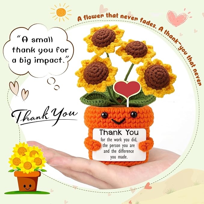 Mini Thank You Gifts for Women Handmade Crochet Sunflower Appreciation Gift for Women, Teacher, Mentor, Nurse, Boss, Leader, Friend, Coworker Retirement Farewell Christmas White Elephant Gift Ideas