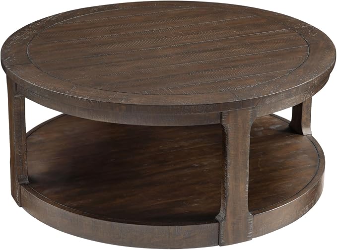 40'' Brown Round Coffee Table, Round End Table 2 Tier Wood Coffee Table Round Circle Coffee Table for Living Room, Traditional Retro Farmhouse Style Rounded Wooden Table for Office(ø40'' x 17.52'')