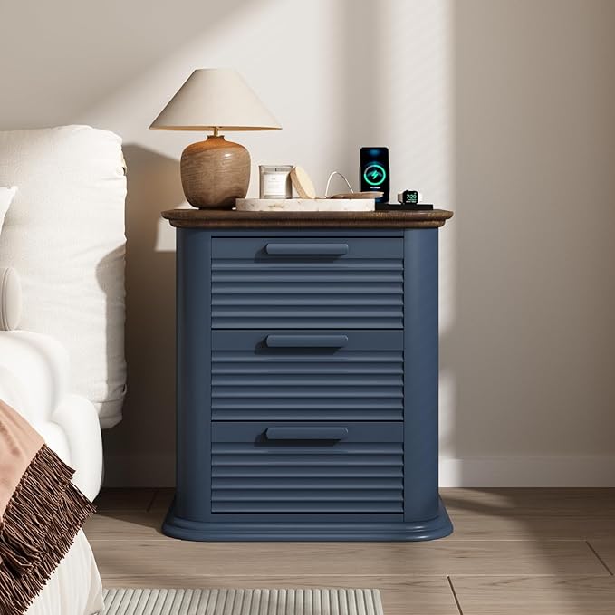 22'' Fluted Nightstand with Charging Station Set of 2, Modern End Table with 3 Drawers and Storage, Wood Side Table Dresser with Round Corner for Bedroom, Living Room, Curved Profile, Dark Navy Blue