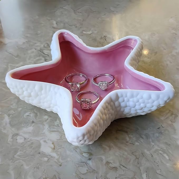 Starfish Jewelry Dish Ceramic Holder Ring Trinket Tray, Ocean-themed Decorative Trinket Dish, Suitable for Mother Friend Sister, Gifts for Women, Home Decor Trinket Dish(Pink)